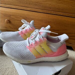 Adidas White Sneakers with Pink and Yellow Highlights
